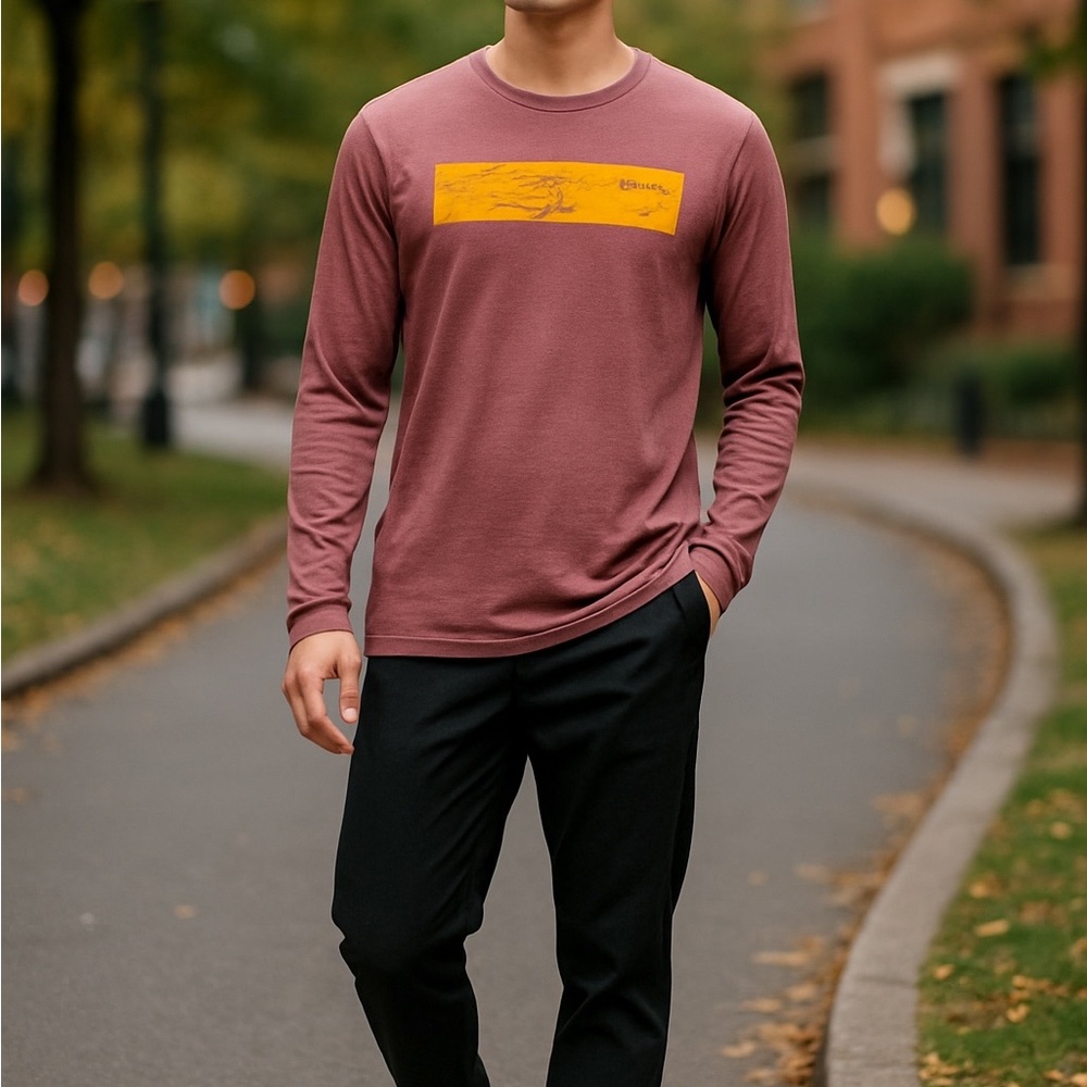 Janji Maroon Long Sleeve Tee Orange Screen Print Graphic Detail Sz M